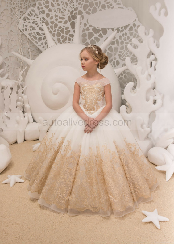 Ivory And Gold Lace Tulle Flower Girl Dress With Bow Ivory And Gold Lace Tulle Flower Girl Dress With Bow